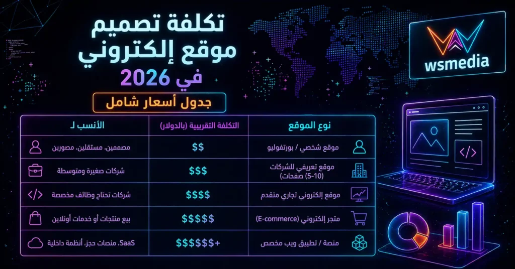 تكلفة تصميم موقع إلكتروني في 2026 - جدول أسعار شامل